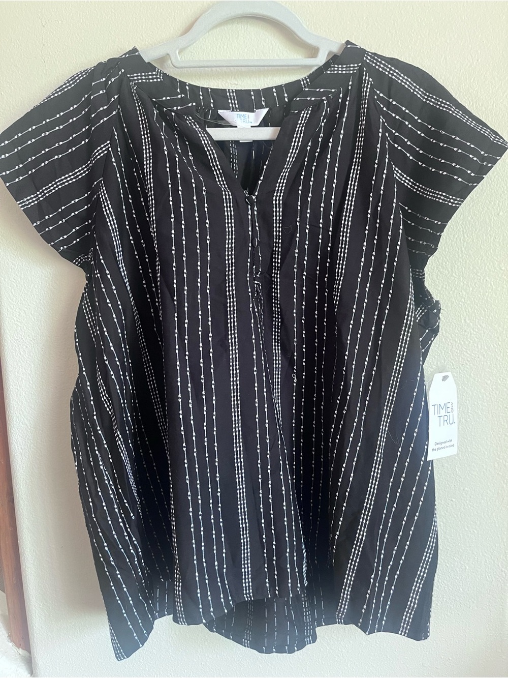 Time and Tru Black Blouse with White Dotted Vertical Stripes